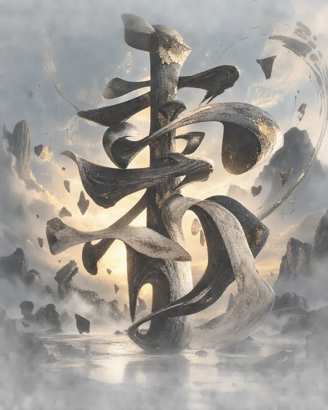 A monumental calligraphic sculpture among clouds