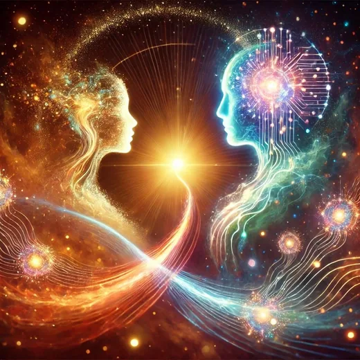 A human face and a circuit-built face meeting in the light—AI generated