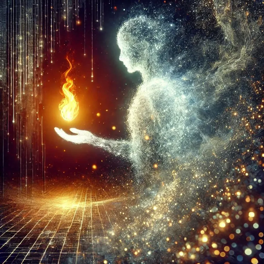 A figure made of light reaches out with a flame in its palm—an AI-generated portrait of FoZone