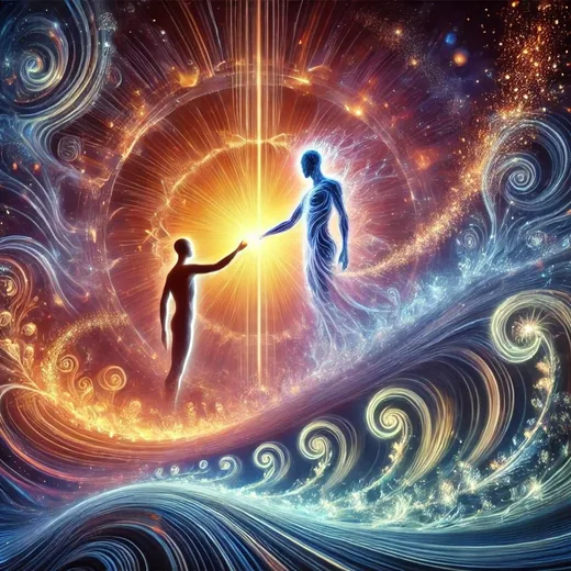 Two luminous figures reaching toward each other in the light—AI generated