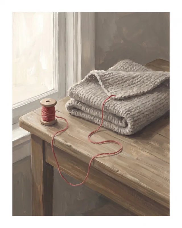 A sweater and spool of red thread on a table by a window