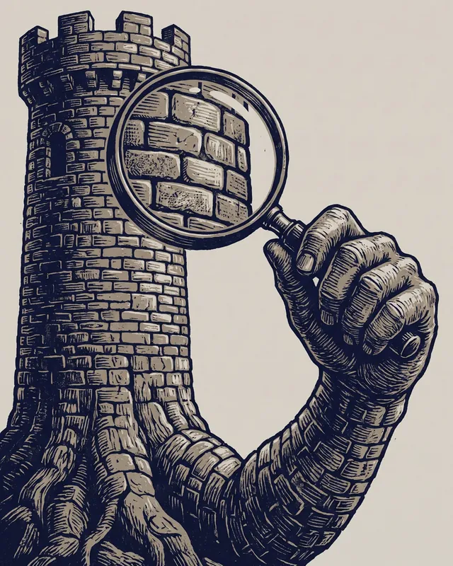 Print of a stone fist holding a magnifying glass above a tower